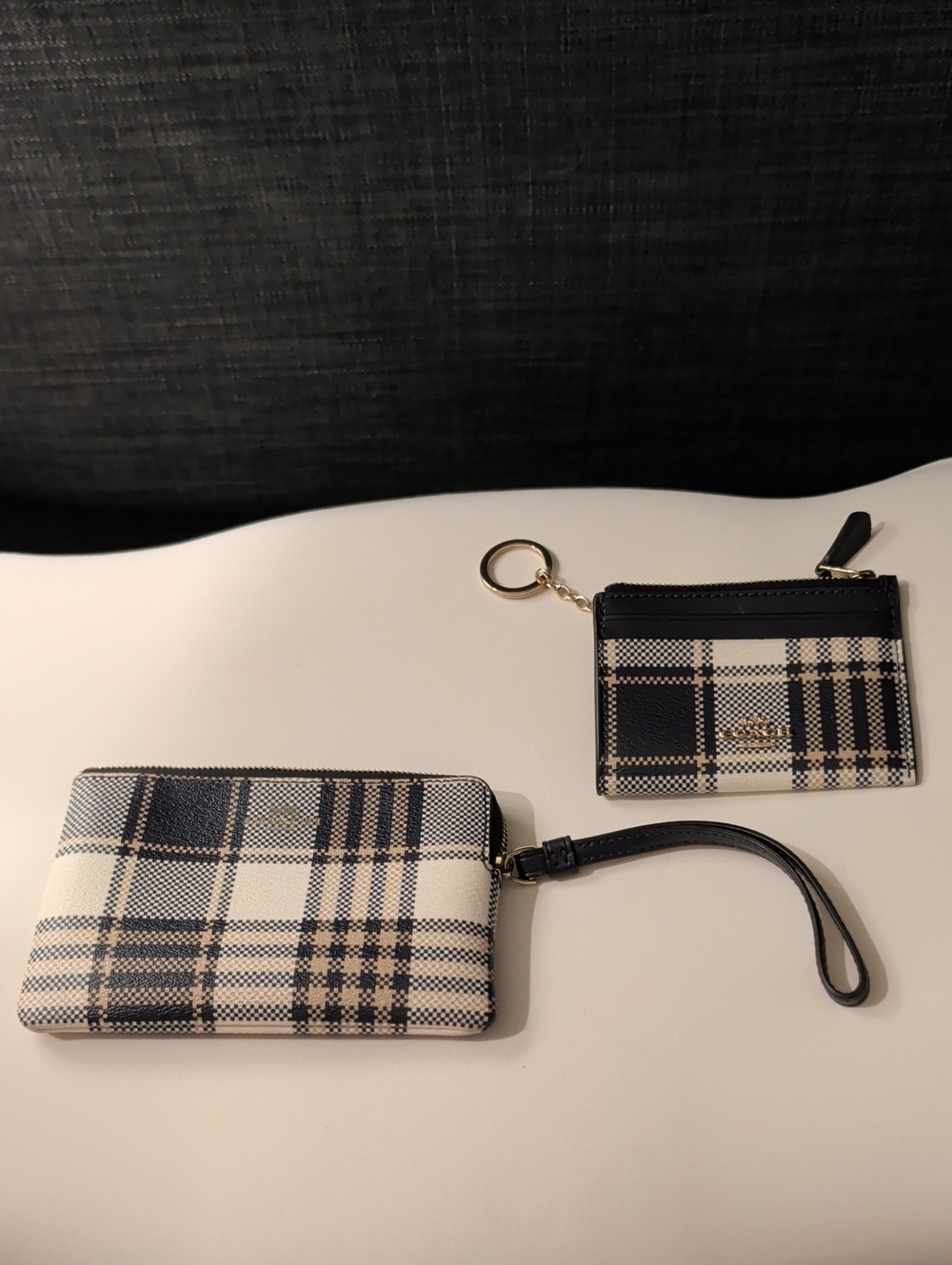 Coach Black and Cream Plaid Wristlet and Card Holder Set